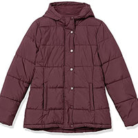 Amazon Essentials Women's Heavyweight Long-Sleeve Hooded Puffer Coat (Available in Plus Size), Burgundy, Large