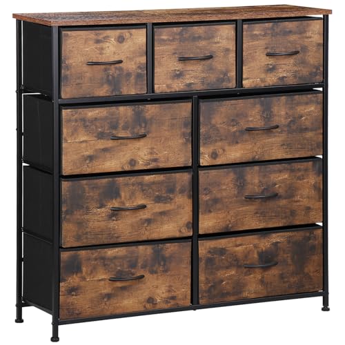 ZENY 9 Drawers Dresser, Fabric Storage Tower, Organizer Unit for Bedroom, Living Room, Hallway, Closet, Nursery, Tall Chest with Fabric Bins, Steel Frame, Wooden Top & Easy Pull Handle (Rustic Brown)