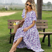 YESNO Women Casual Loose Bohemian Floral Dress with Pockets Short Sleeve Long Maxi Summer Beach Swing Dress 2XL EJF CR345