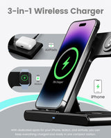 
              Wireless Charger iPhone Charging Station: 3 in 1 Charger Stand Multiple Devices for Apple - iPhone 16 15 14 Pro Max 13 12 11 - Watch 10 9 8 7 6 5 4 3 2 SE and Ultra Series - Airpods 4 3 2 Pro
            