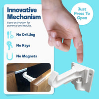 
              Upgraded Invisible Baby Proofing Cabinet Latch Locks (10 Pack) - No Drilling or Tools Required for Installation, Works with Most Cabinets and Drawers, Works with Countertop Overhangs, Highly Secure
            