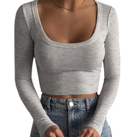 Artfish Women's Square Neck Long Sleeve Ribbed Slim Fitted Casual Basic Crop Top (Heather Grey, S)