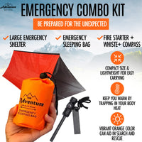 
              Emergency Sleeping Bag & Tent Shelter, Stocking Stuffer! Combo Prepper kit Survival Tent, Bivy Sack Tent, Sleeping Bag, Fire Starter + Whistle, Mylar Thermal Adventure Supply Co.
            