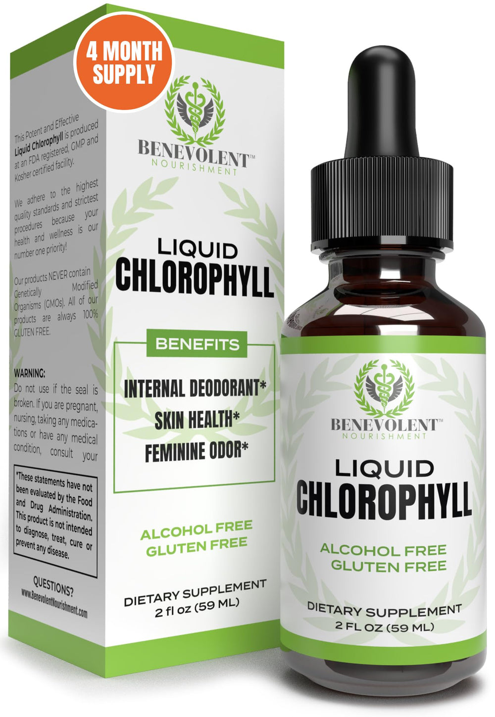 Benevolent Chlorophyll Liquid Drops, 4 Month Supply Liquid Chlorophyll Supplement for Internal Deodorizer & Radiant Skin, Potent Chlorophyll Liquid Extract with Rich Antioxidants, Minty Flavor