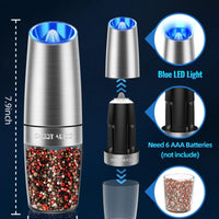 Gravity Electric Pepper and Salt Grinder Set, Salt and Pepper Mill & Adjustable Coarseness, Battery Powered with LED Light, One Hand Automatic Operation, Stainless Steel (Set/Silver)