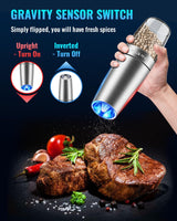 
              Gravity Electric Pepper and Salt Grinder Set, Salt and Pepper Mill & Adjustable Coarseness, Battery Powered with LED Light, One Hand Automatic Operation, Stainless Steel (Set/Silver)
            