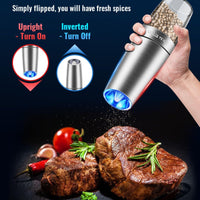 Gravity Electric Pepper and Salt Grinder Set, Salt and Pepper Mill & Adjustable Coarseness, Battery Powered with LED Light, One Hand Automatic Operation, Stainless Steel (Set/Silver)