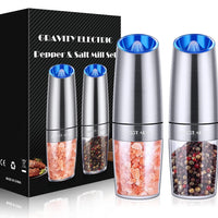 Gravity Electric Pepper and Salt Grinder Set, Salt and Pepper Mill & Adjustable Coarseness, Battery Powered with LED Light, One Hand Automatic Operation, Stainless Steel (Set/Silver)