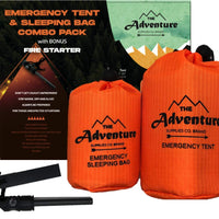 Emergency Sleeping Bag & Tent Shelter, Stocking Stuffer! Combo Prepper kit Survival Tent, Bivy Sack Tent, Sleeping Bag, Fire Starter + Whistle, Mylar Thermal Adventure Supply Co.