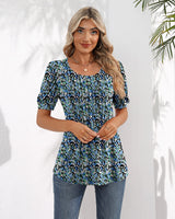 
              Ficerd Women's Puff Short Sleeve Tunic Tops Pleated Crew Neck Summer Blouses Dressy Casual Loose T Shirts(Blue Flower, XL)
            