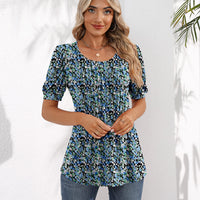 Ficerd Women's Puff Short Sleeve Tunic Tops Pleated Crew Neck Summer Blouses Dressy Casual Loose T Shirts(Blue Flower, XL)