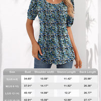 Ficerd Women's Puff Short Sleeve Tunic Tops Pleated Crew Neck Summer Blouses Dressy Casual Loose T Shirts(Blue Flower, XL)