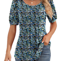 Ficerd Women's Puff Short Sleeve Tunic Tops Pleated Crew Neck Summer Blouses Dressy Casual Loose T Shirts(Blue Flower, XL)