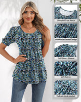 
              Ficerd Women's Puff Short Sleeve Tunic Tops Pleated Crew Neck Summer Blouses Dressy Casual Loose T Shirts(Blue Flower, XL)
            