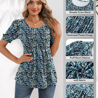 Ficerd Women's Puff Short Sleeve Tunic Tops Pleated Crew Neck Summer Blouses Dressy Casual Loose T Shirts(Blue Flower, XL)