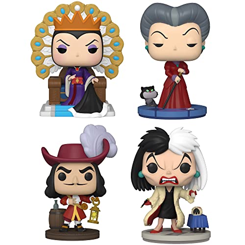 Funko POP! Disney: Villains Collectors Set - 4 Figure Set: Evil Queen on Throne (Deluxe), Captain Hook, Cruella de Vil, & Lady Tremaine