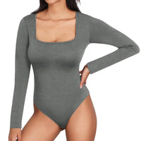 MANGOPOP Women's Bodysuit Square Neck Long Sleeve Tops 3 pcs